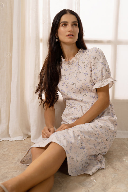 Floral All Over Print Ruffle Neck Midi Dress with Openwork Detail
