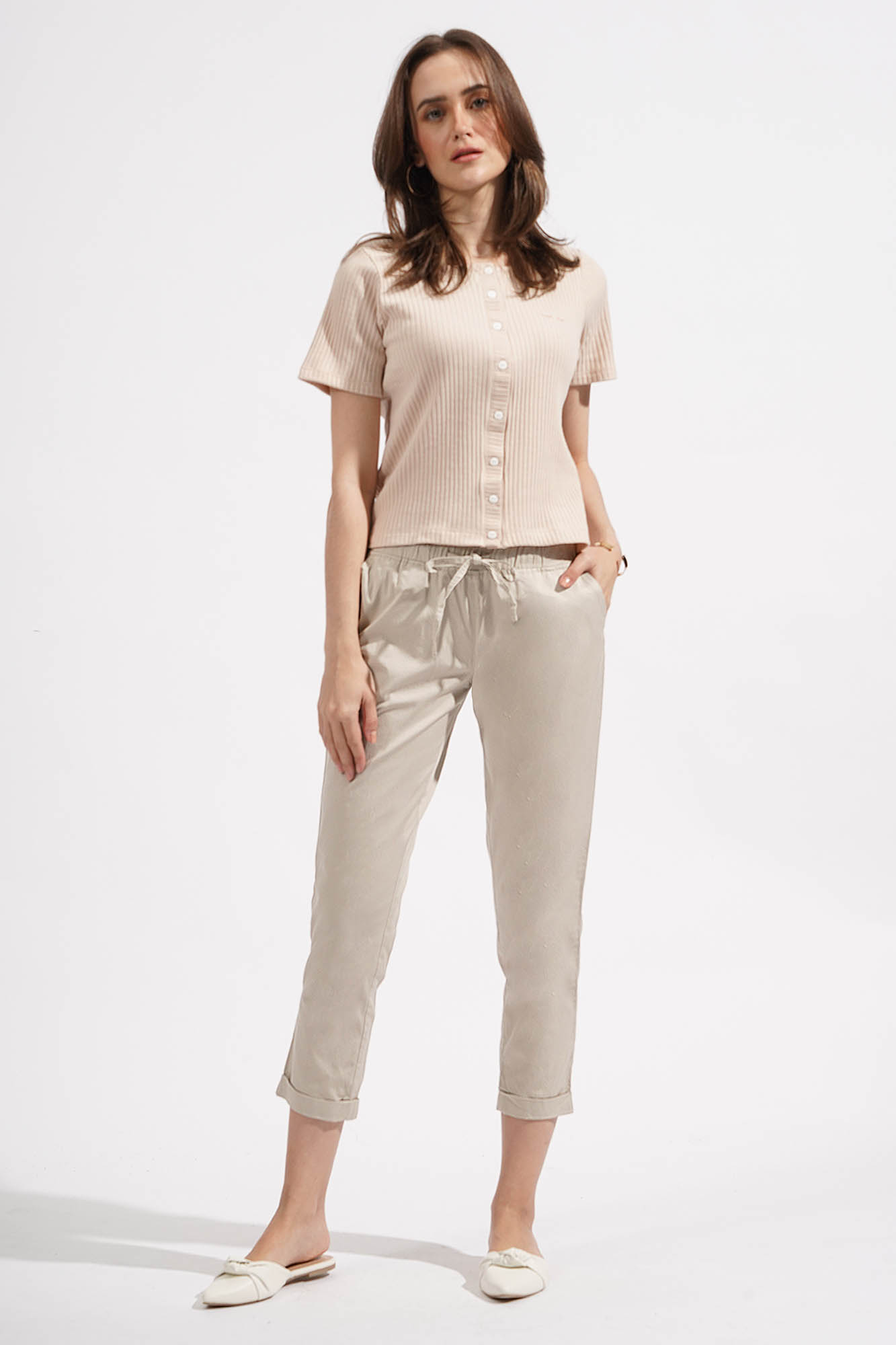 Closet Staples Mid Waist Cropped Trousers With Elastic Waistband