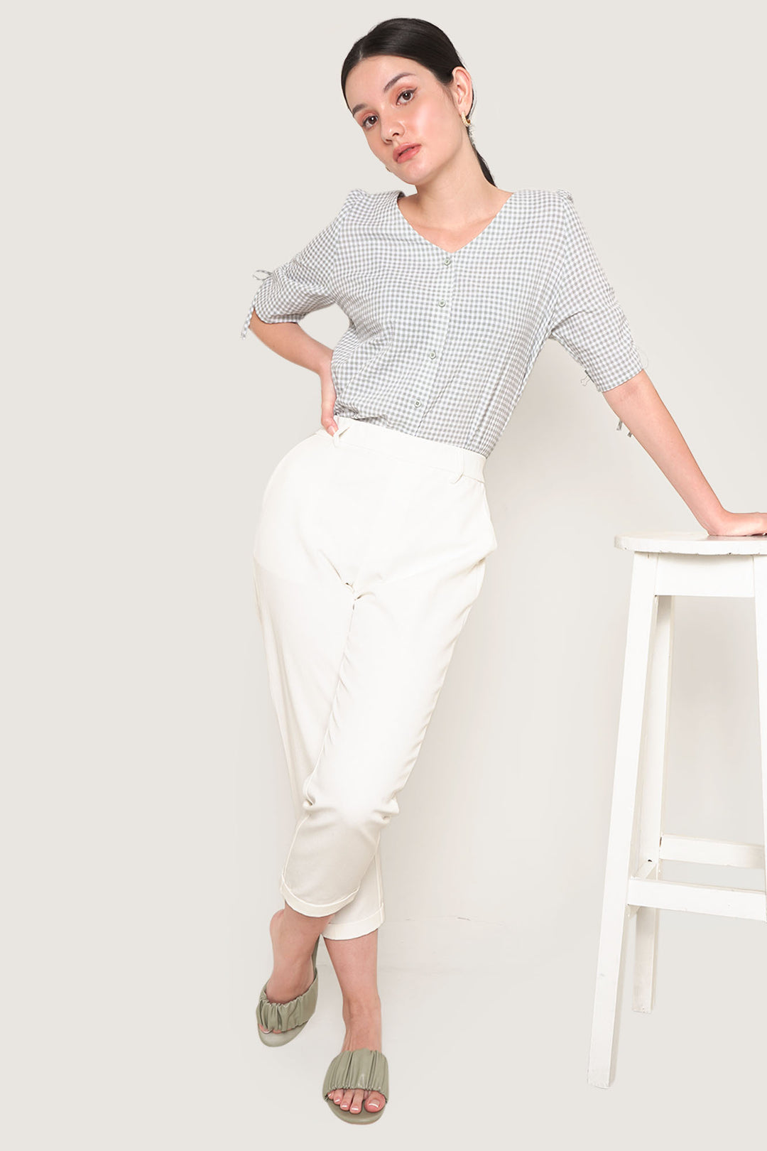 Ruched Sleeve Gingham Shirt