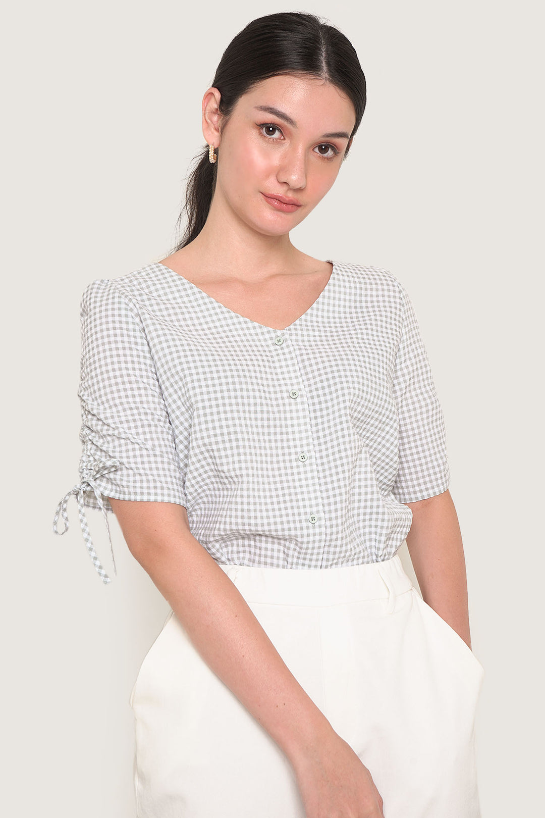 Ruched Sleeve Gingham Shirt