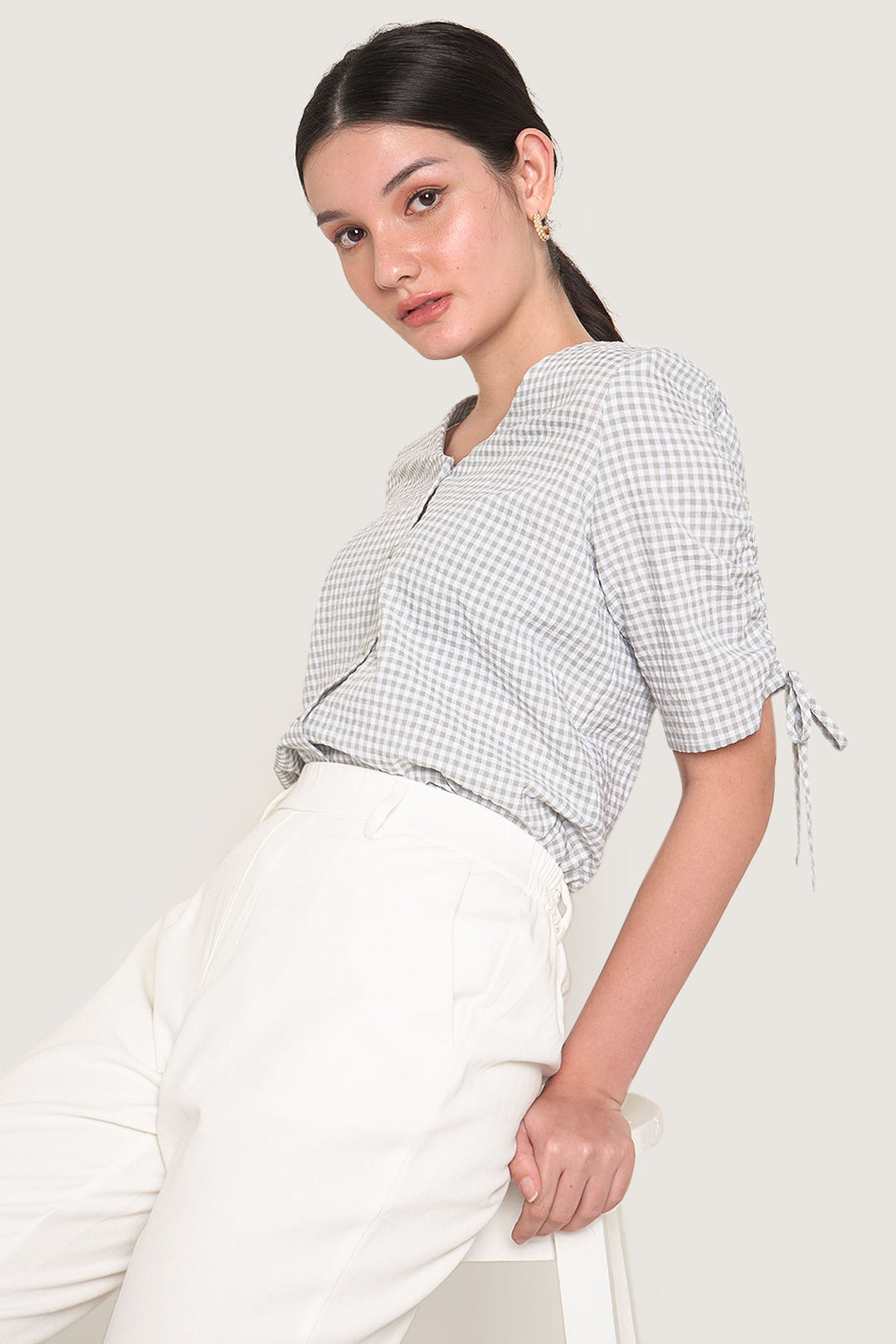 Ruched Sleeve Gingham Shirt