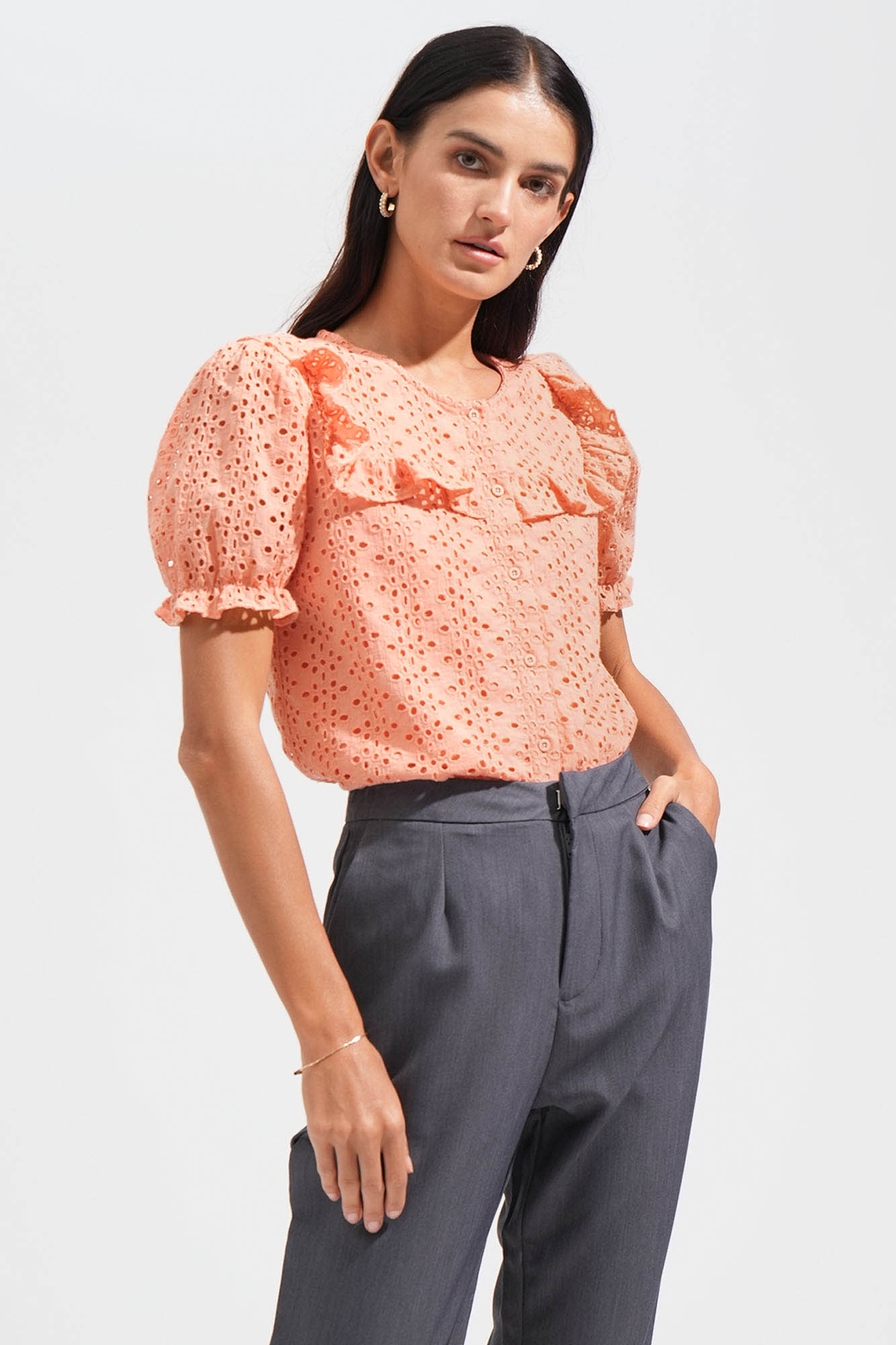 Eyelet Ruffled Button Down Top