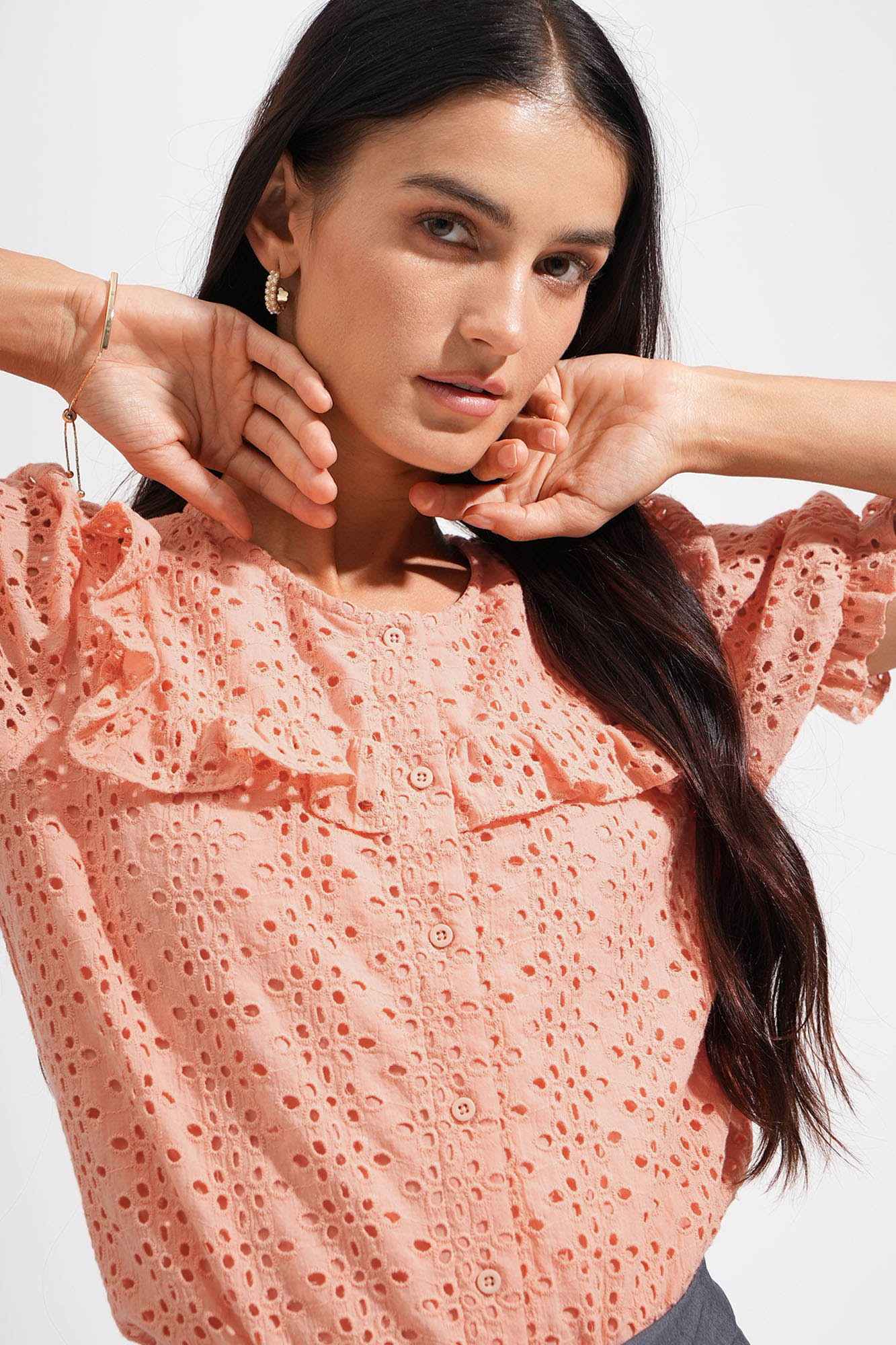 Eyelet Ruffled Button Down Top