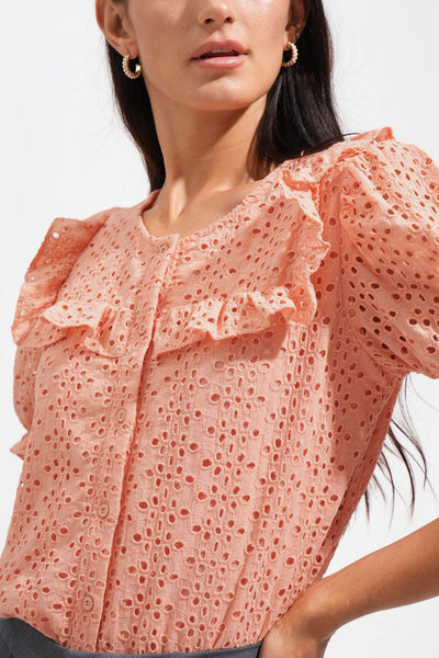 Eyelet Ruffled Button Down Top