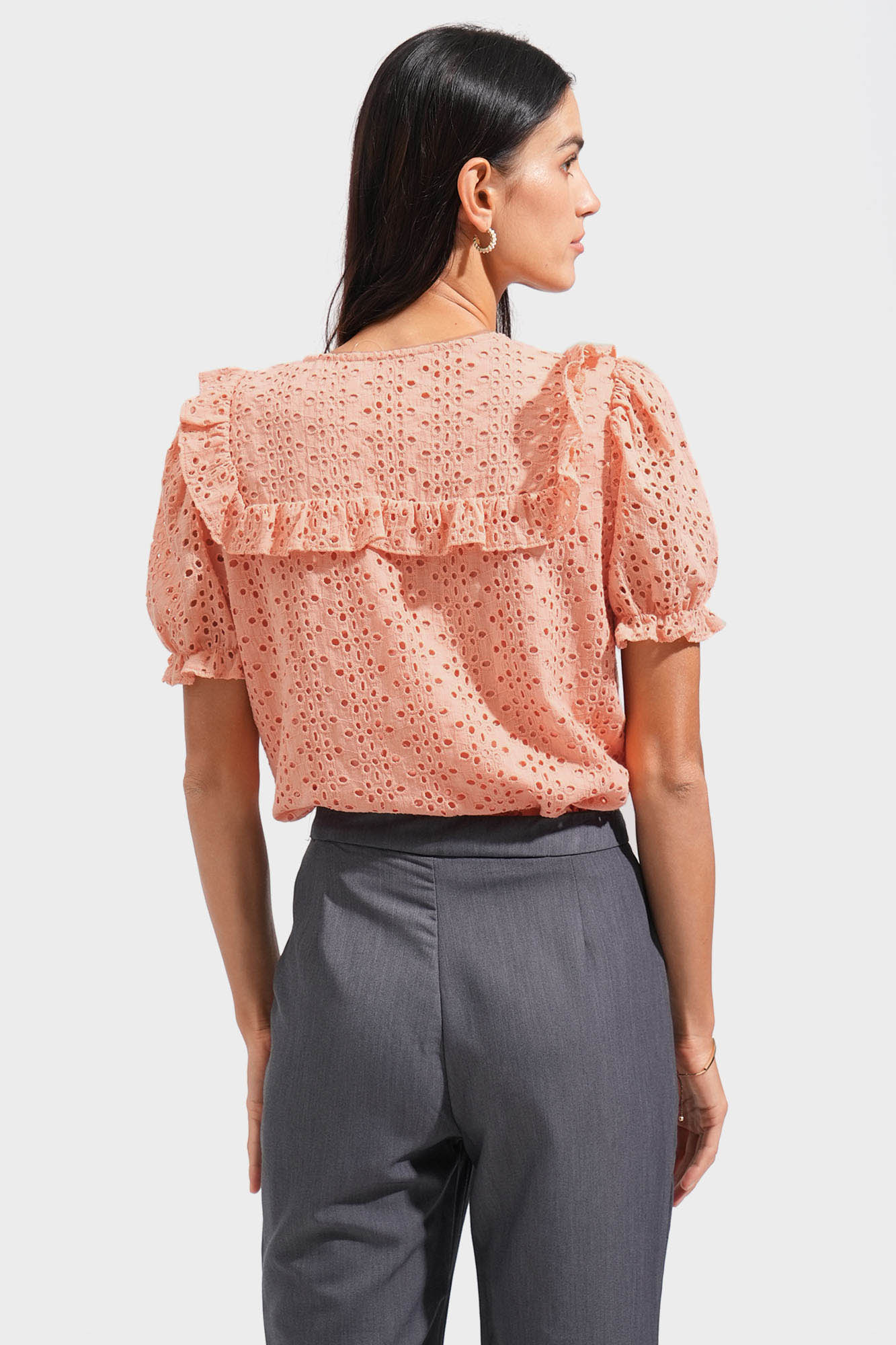 Eyelet Ruffled Button Down Top