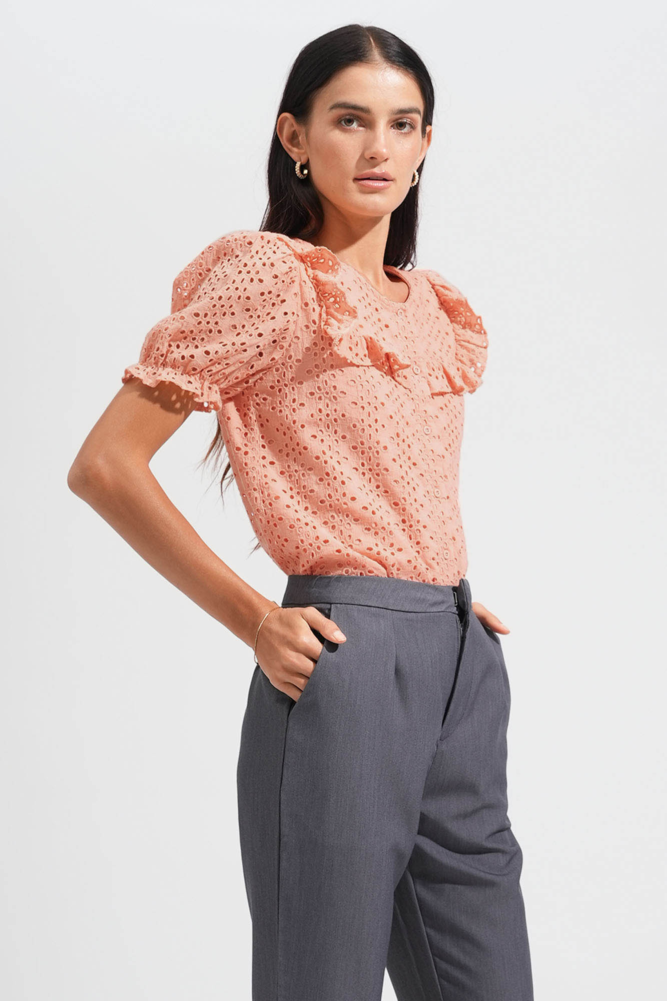 Eyelet Ruffled Button Down Top