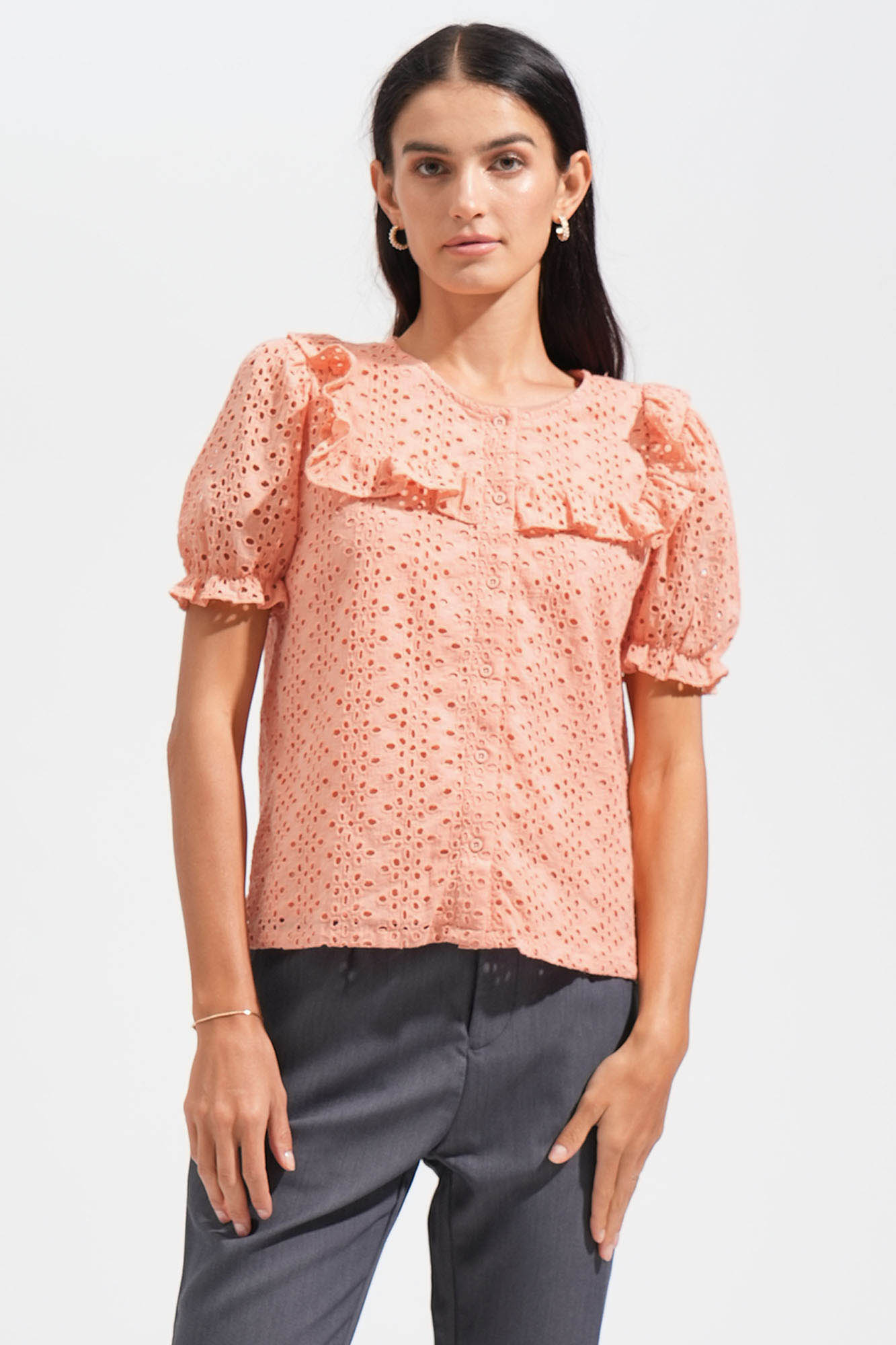 Eyelet Ruffled Button Down Top