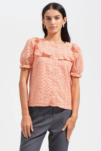 Eyelet Ruffled Button Down Top