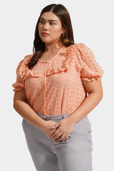 Eyelet Ruffled Button Down Top