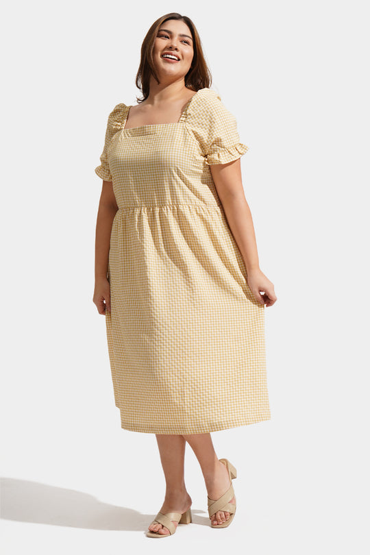 All Over Print Checkered Square Neck Dress