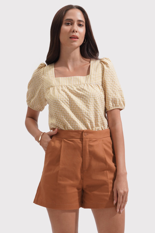 Gingham All Over Print Square Neck Top