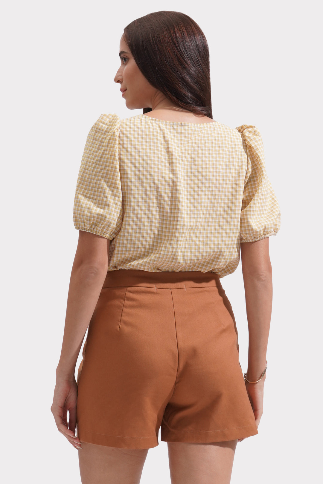 Gingham All Over Print Square Neck Top
