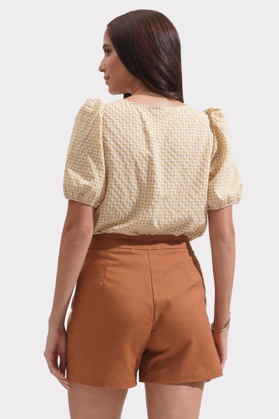 Gingham All Over Print Square Neck Top