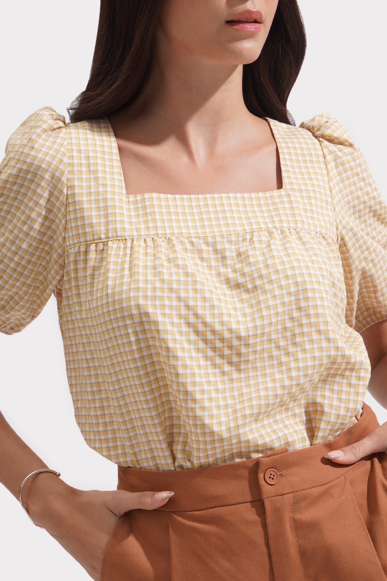 Gingham All Over Print Square Neck Top