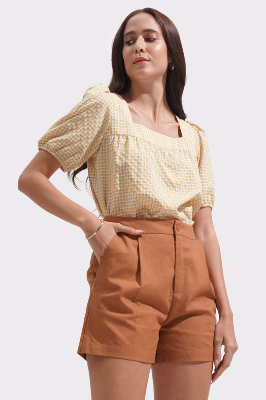 Gingham All Over Print Square Neck Top