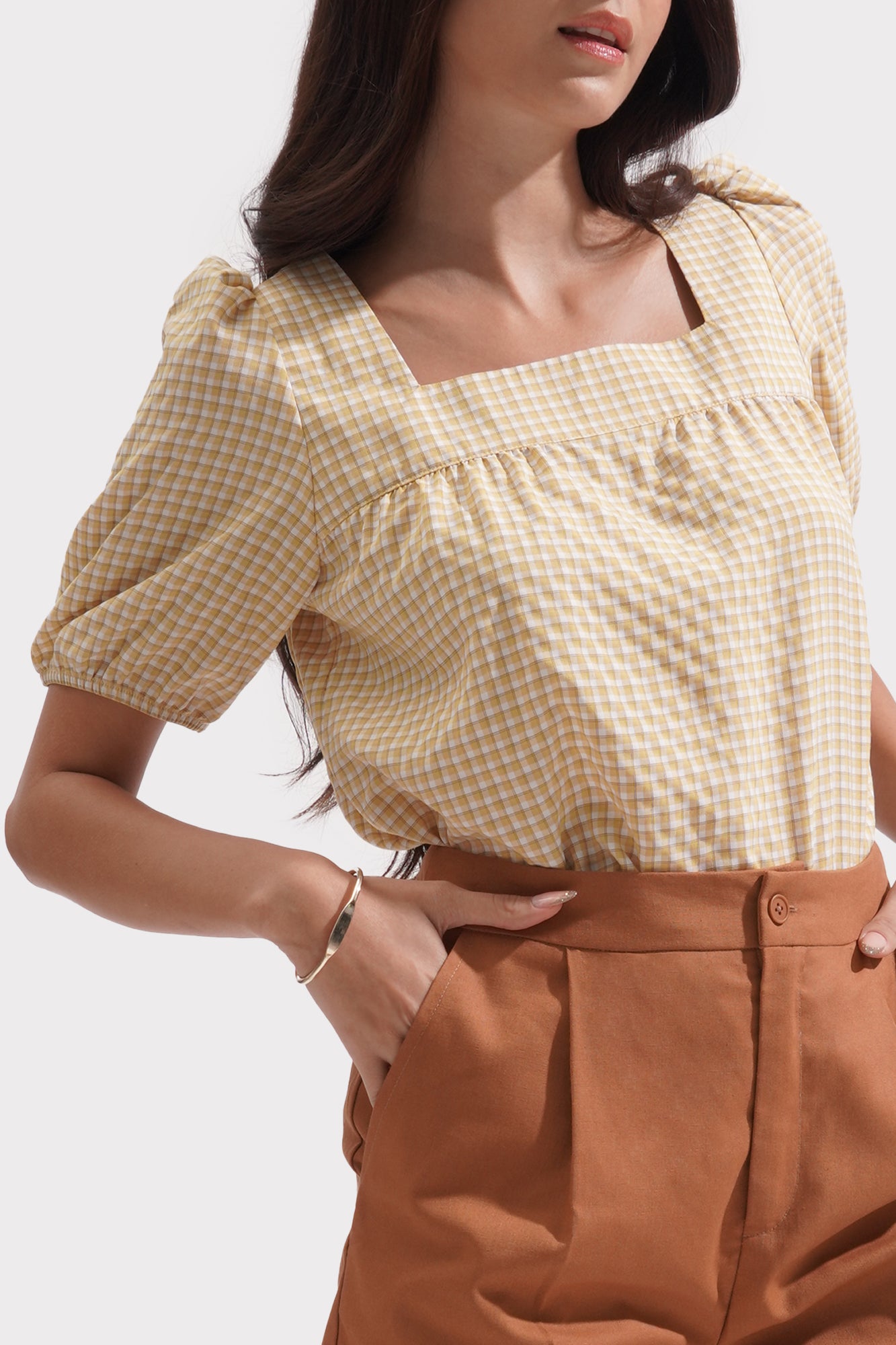Gingham All Over Print Square Neck Top