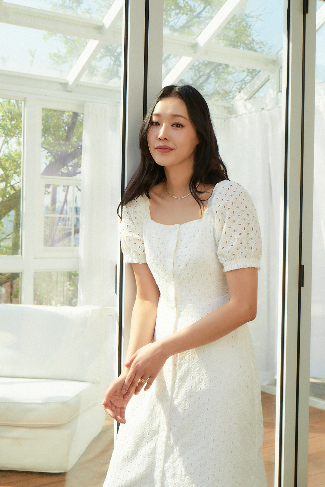 Square Neck Eyelet Puff Sleeve Dress